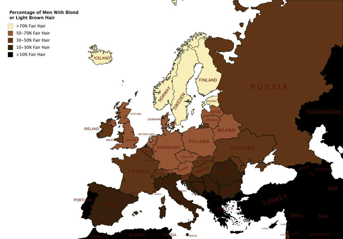 Карта распространения блондинов в мире