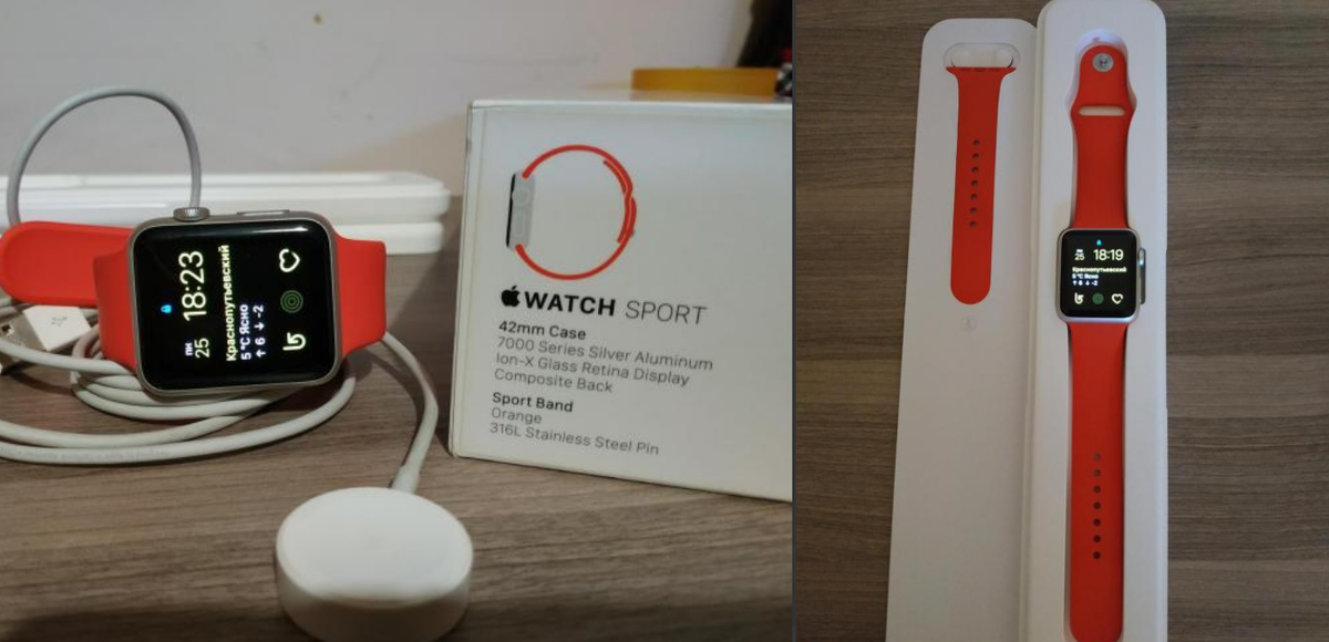 "Часы в идеальном состоянии, носились мало! В комплекте: коробка,зарядный кабель, 2 оригинальных ремешка."