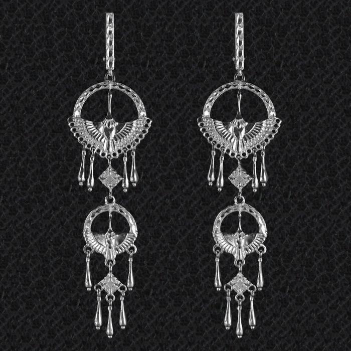 Длинные висячие серьги с изображением журавлей, серебро 925, ювелирный бренд From Siberia with love (https://www.siberian-collection.ru)