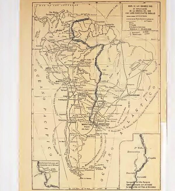 Канал трёх Великих рек (отмечен жирной линией на карте). Из книги Луиса Синсинато Больо "Южная Америка: прошлое и настоящее" 1919 года