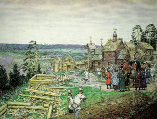 Основание Кремля. Сооружение стен Кремля Юрием Долгоруким в 1156 году. Картина А. Васнецова