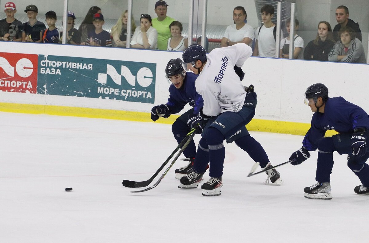    Соскучившиеся по хоккею болельщики и тренирующиеся на базе «Море спорта» дети были рады увидеть «ледовые баталии» торпедовцев Александр Рылов