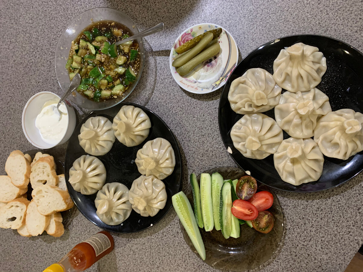 Georgian khinkali, Asian-style smashed cucumbers.