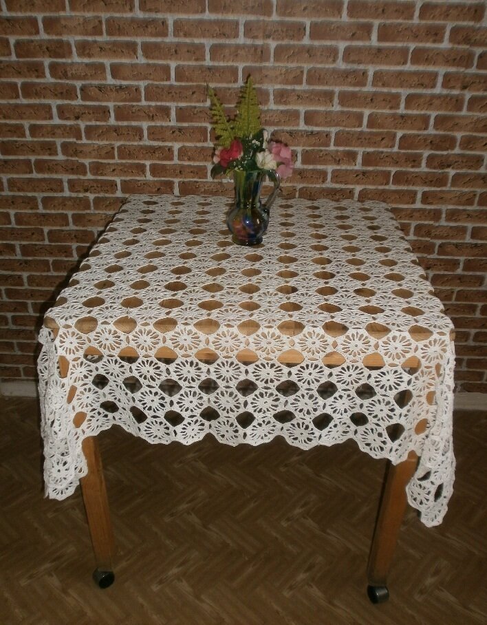 Связана автором статьи в подарок на 8 марта подруге. В представлении этой женщины скатерть на кухне - символ уюта и "документальное" свидетельство чистоплотности хозяйки. Скатерть покрыта прозрачным пластиком и семья из трех человек без лишних хлопот обедает за этим "праздничным" столом.