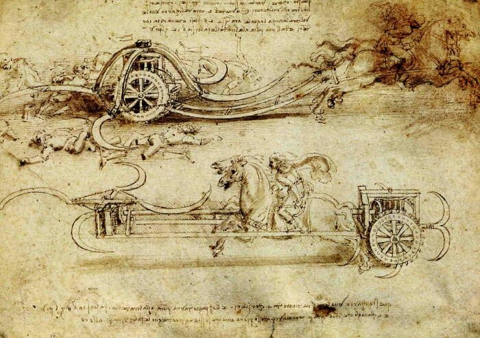 Leonardo da Vinci's design for a scythed chariot. Biblioteca Reale, Torino, inv.15583r; Zöllner, 2:638.