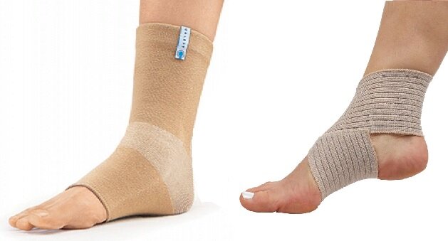 Примеры ортезов лёгкой фиксации — простой компрессионный бандаж (слева) и бандаж "восьмёрка" (справа). Если их соединить, то получится ортез средней фиксации.