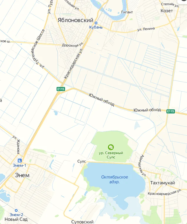 расположение п.Яблоновского и Тахтамукай на карте, это 2 соседние поселка и расстояние всего 15 км
