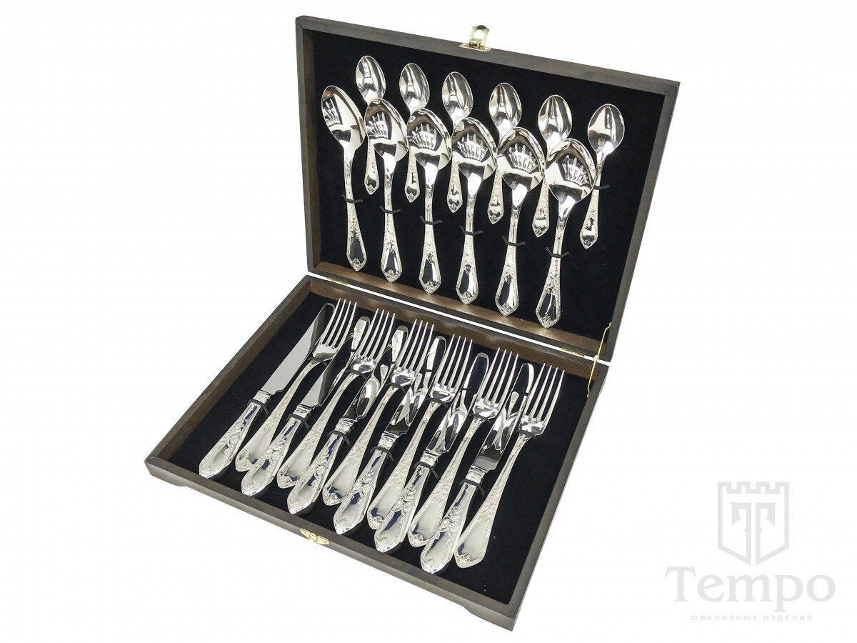 Серебряный столовый набор "Бантик" 925 пробы на 6 персон (24 предмета)