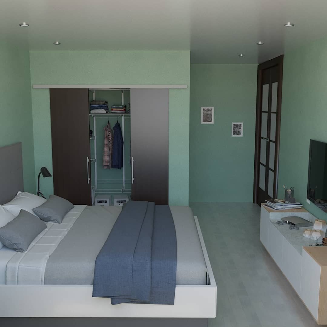 Мой первый рендер спальни. Собственно сейчас комната почти так и выглядит. Фото автора.