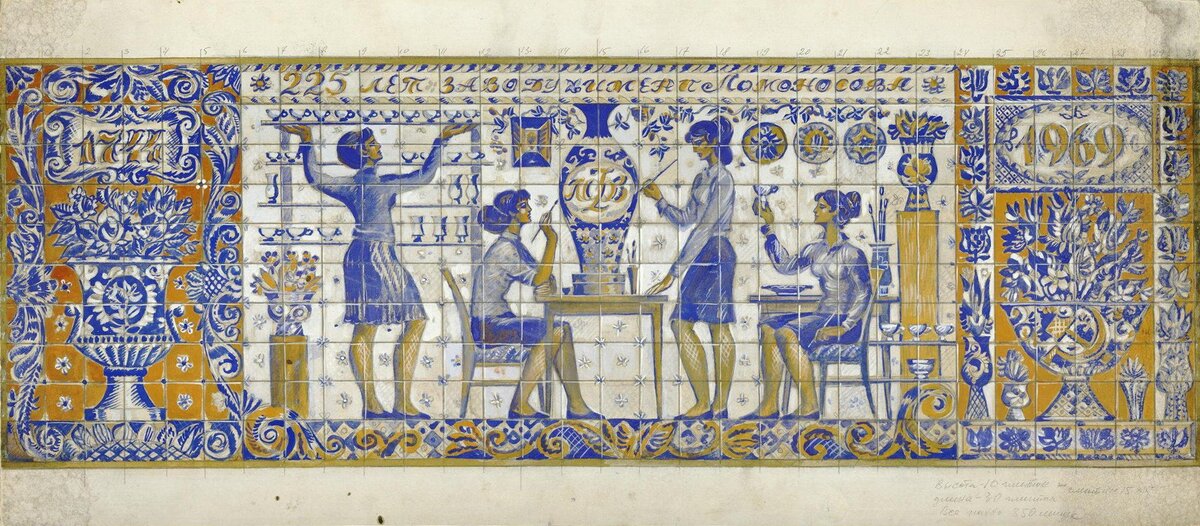 Владимир Городецкий. Эскиз росписи панно «225 лет заводу имени Ломоносова». 1969. ЛФЗ. Государственный Эрмитаж / Мз-Г-2775. Источник: hermitagemuseum.org