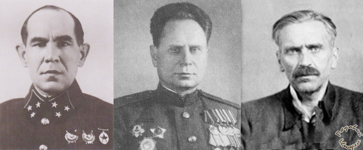 Слева-направо (фото разных лет): 1). командующий 6-й Армией генерал-лейтенант И.Н. Музыченко; 2). начштаба 6-й Армии, (генерал-майор) комбриг Н.П. Иванов; 3). заместитель начштаба 6-й Армии и одновременно начальник оперативного отдела 6-й Армии, полковник М.А. Меандров