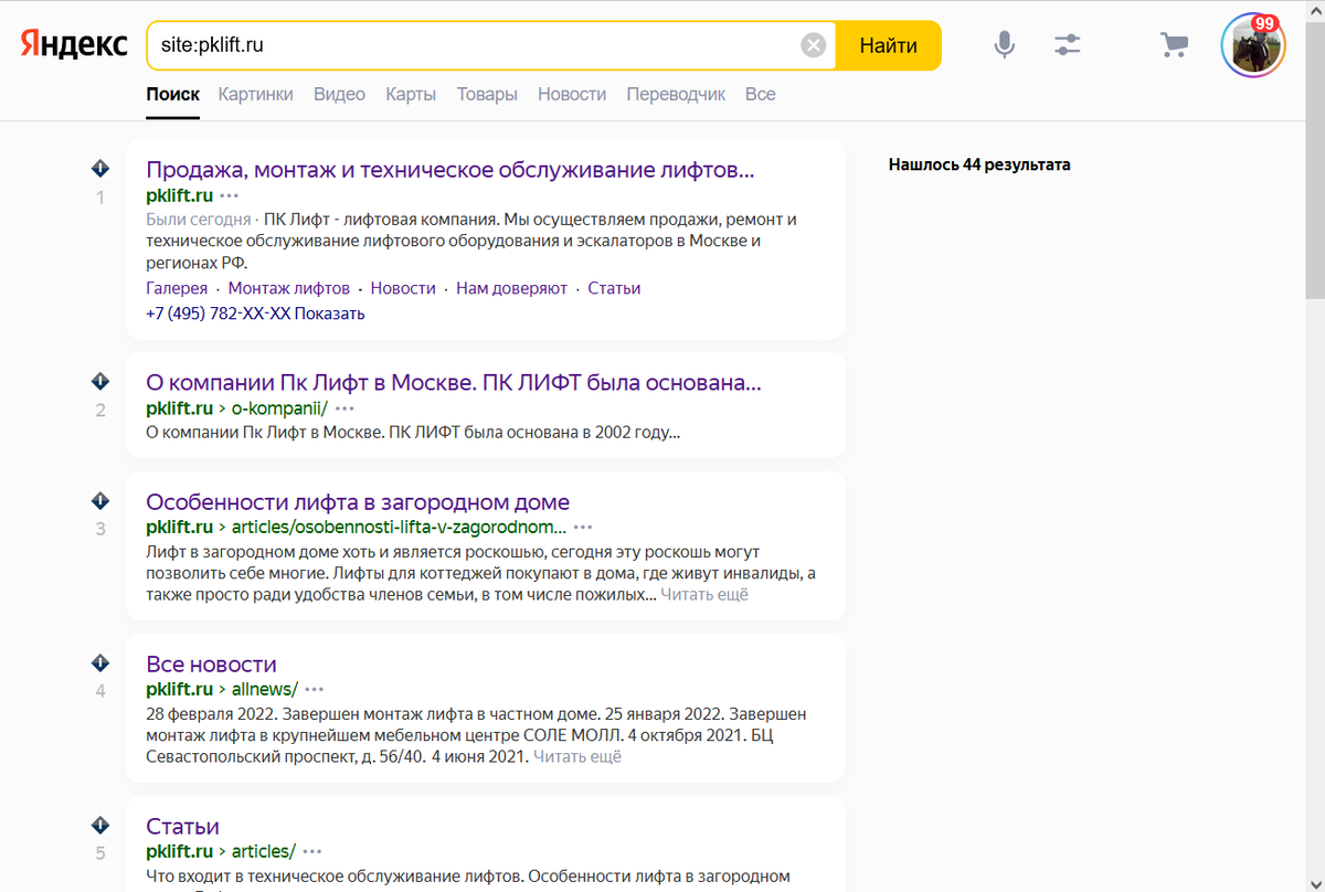 Пример, как можно проверить индексацию сайта в Яндекс