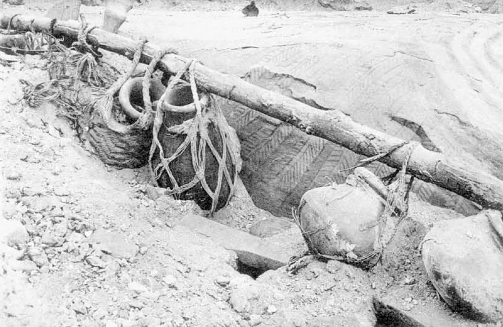 Водоносы несли глиняные кувшины, которые свисали с длинного деревянного шеста. Пример здесь взят из погребения конца Семнадцатой династии (около 1580-1550 гг. до н.э.) в Курне на Западном берегу Фив. 