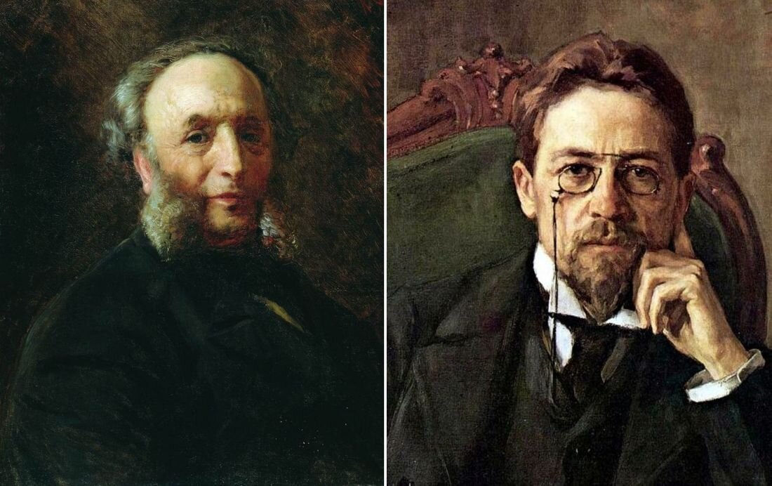 Слева: Иван Айвазовский (на портрете кисти Константина Маковского). Справа: Антон Чехов (на портрете кисти Осипа Браза).