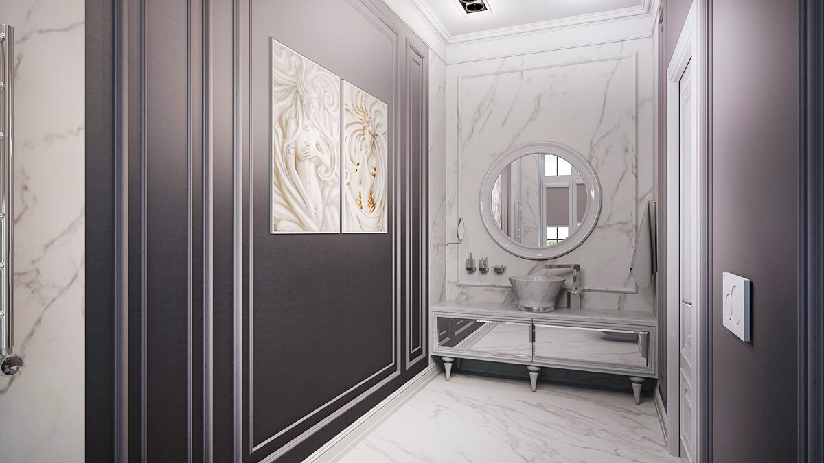 На противоположной стене располагается тумба с раковиной и зеркалом.