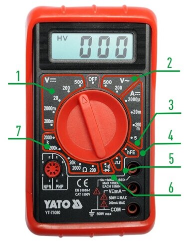 Рисунок  1 — Режимы измерения мультиметра: 1) постоянное напряжение; 2)  переменное напряжение; 3) постоянный ток; 4) коэффициент передачи  транзистора; 5) генератор прямоугольных импульсов (обычно 0.5В 50 Гц);  6) режим проверки диодов совмещённый с прозвонкой; 7) режим измерения  сопротивления.
