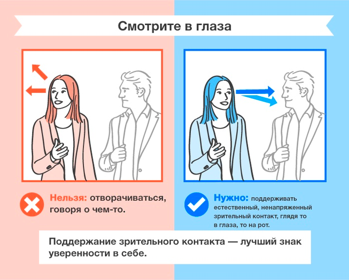 Постройте зрительный контакт с рекрутером, это поможет стать увереннее. https://joblist.md/ru/news/rabotodatelyu/infografika-kak-vygliadet-uverennee-vo-vremia-peregovorov