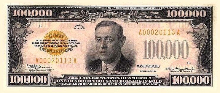 100 000 долларов 1934 год с портретом Вудро Вильсона 28 президента США. Источник фото: Википедия.