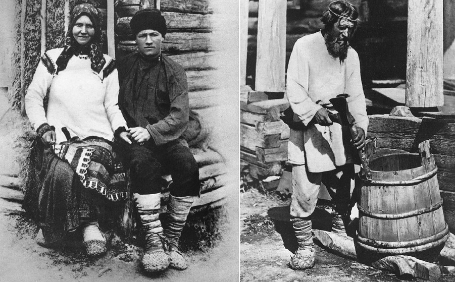 В XVIII—XIX веках лапти были широко распространены среди крестьян Европейской России. Слева: Крестьяне южных губерний. 1900-е гг. Фото. Справа: Бондарь, фотография, 1900-е гг. Источник: Л. Ефимова. Русский народный костюм.