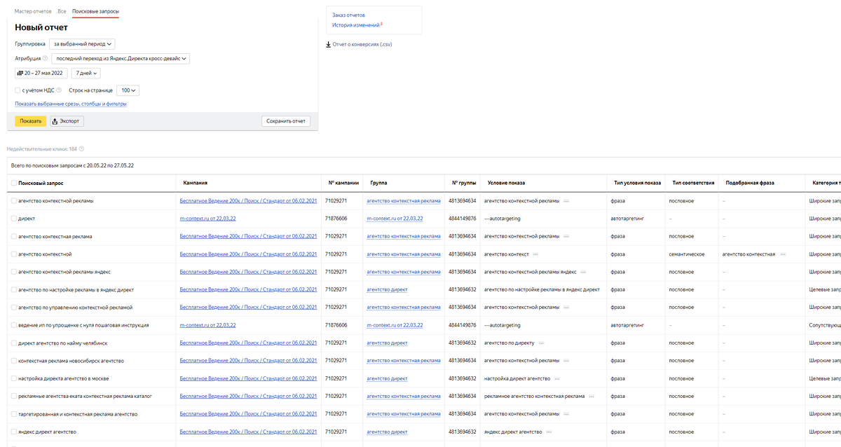 Мастер отчетов → Поисковые запросы