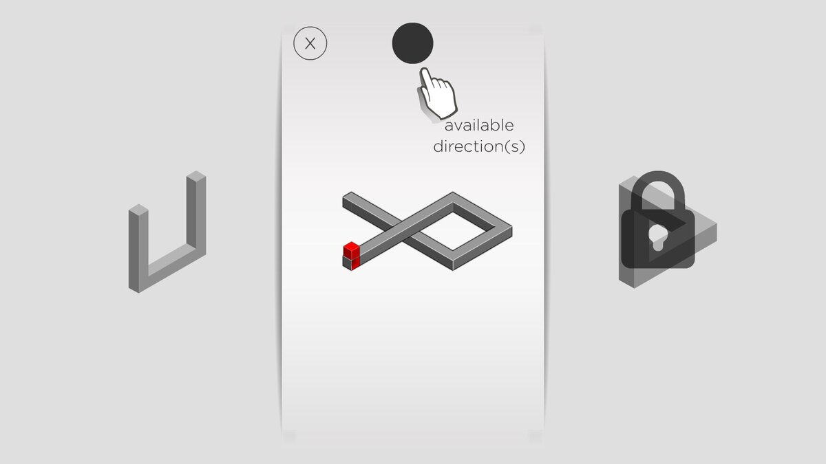 Наша рабочая область выглядит именно так: слева — фигура, которую мы "разгадали", в центре — наша нынешняя задача, а справа — следующий уровень. Черная точка в верхней части экрана — указатель возможных направлений для движения кубика.