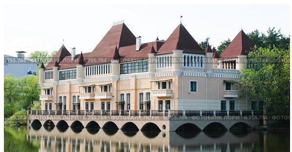 Роскошный дворец в готическом стиле над прудом .