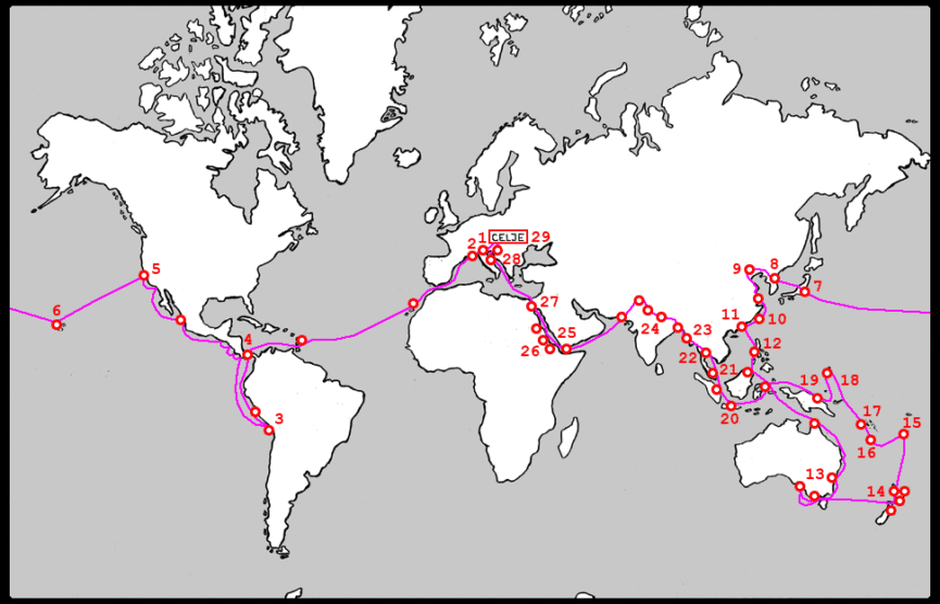 Маршрут кругосветного путешествия Альмы Карлин
