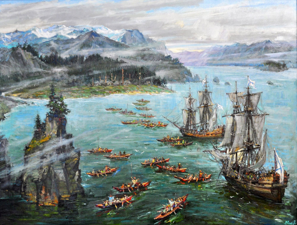 Латынцев живопись Аляска. "Русские корабли у берегов Аляски" художник: в. Латынцев.