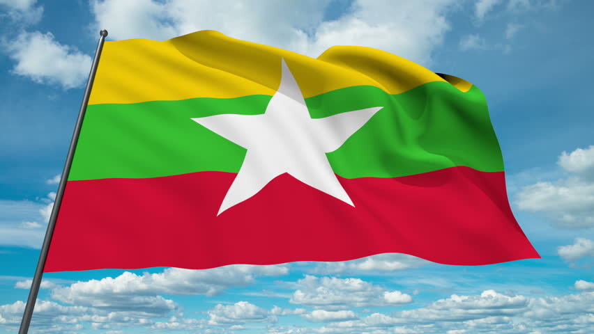 Флаг Мьянмы. Источник фото: https://www.shutterstock.com/ru/video/clip-3048943-myanmar-flag-waving-against-time-lapse-clouds-background