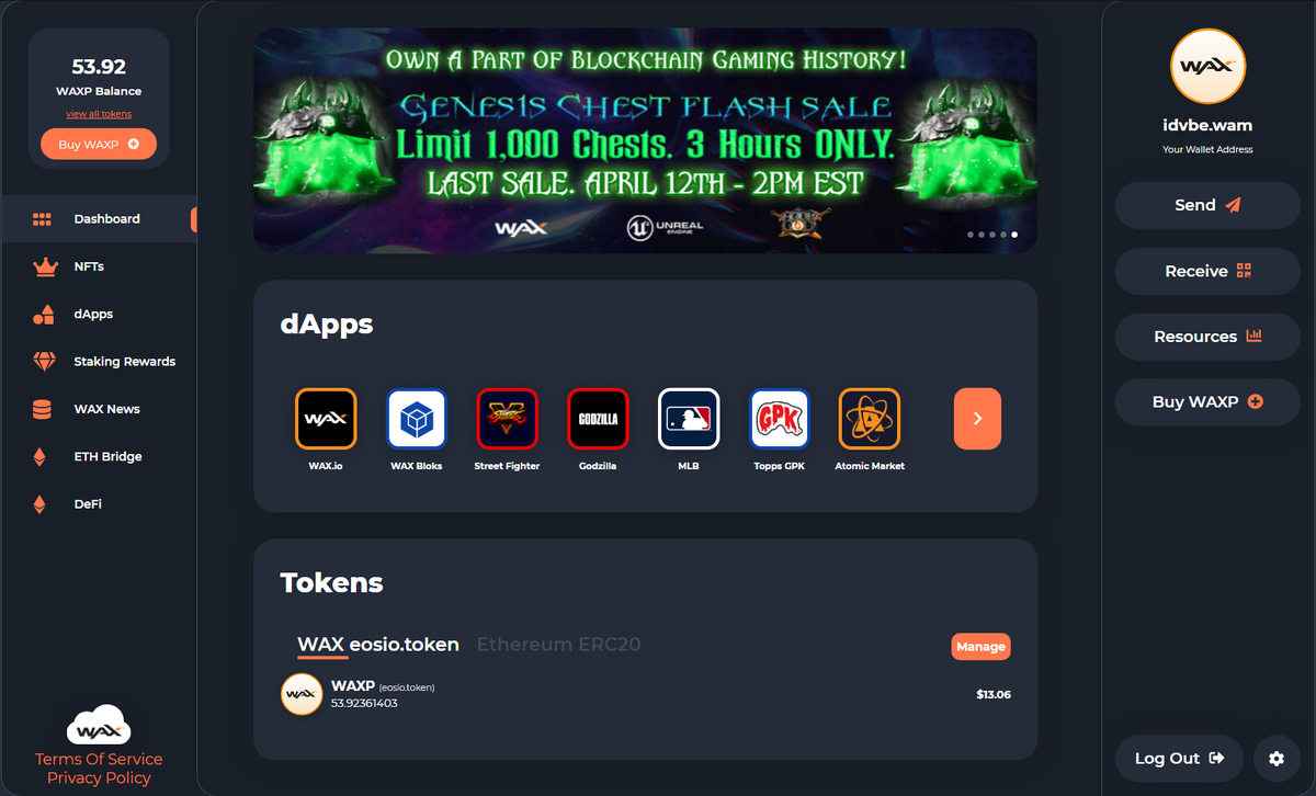 Так выглядит главная страница wax wallet