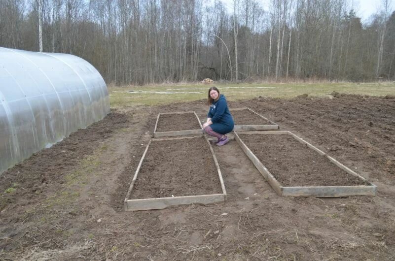 Грядки на огороде весной.