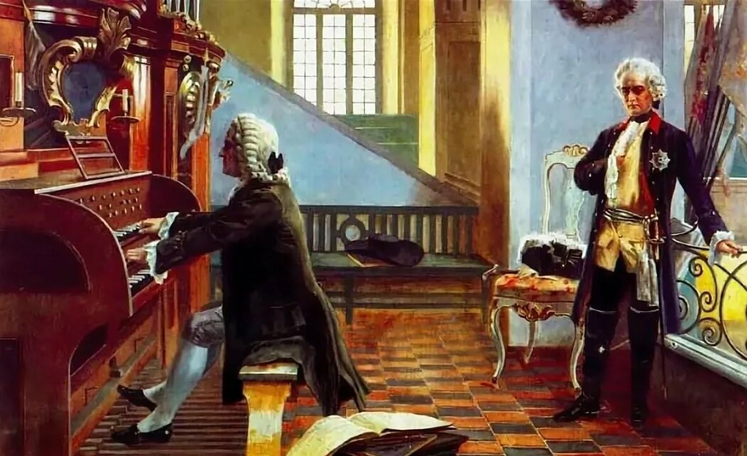 Иоганн Себастьян Бах играет на органе в Потсдаме перед королем Фридрихом Великим. Изображение из открытых источников. 