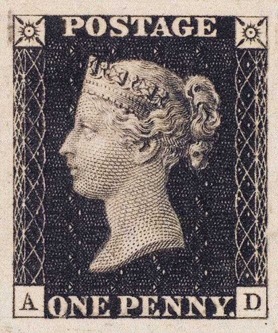 Марка «Черный пенни». Гравюра художников Чарльза и Фредерика Хитов. Великобритания, 1840-е годы.