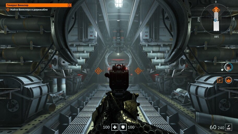 Пройдите немного вперед и с левой стороны обнаружите справочный компьютер. Вы будете находить такие компьютеры везде, где появляется возможность или даже потребность в применении какие-то новые механики игры. В данном случае компьютер содержит информацию о том, для чего он нужен. Убейте любым способом противника и потяните за оба рычага. Если играете с компьютером, то тяните за любой рычаг, а ИИ сделает то же самое со вторым.Ваш первый враг.
Зачистите эту часть дирижабля. Можете действовать скрытно, но как только хотя бы один враг вас заметит и выживет в течение 1,5 секунды, то о присутствии сестер узнают окружающие. Прибудет подкрепление. Старайтесь обыскивать все комнаты, собирая серебряные монеты. Последние будут нужны для покупки улучшений, нового холодного оружия, сигналов поддержки и предметов кастомизации (скинов оружия и энергоброни).

