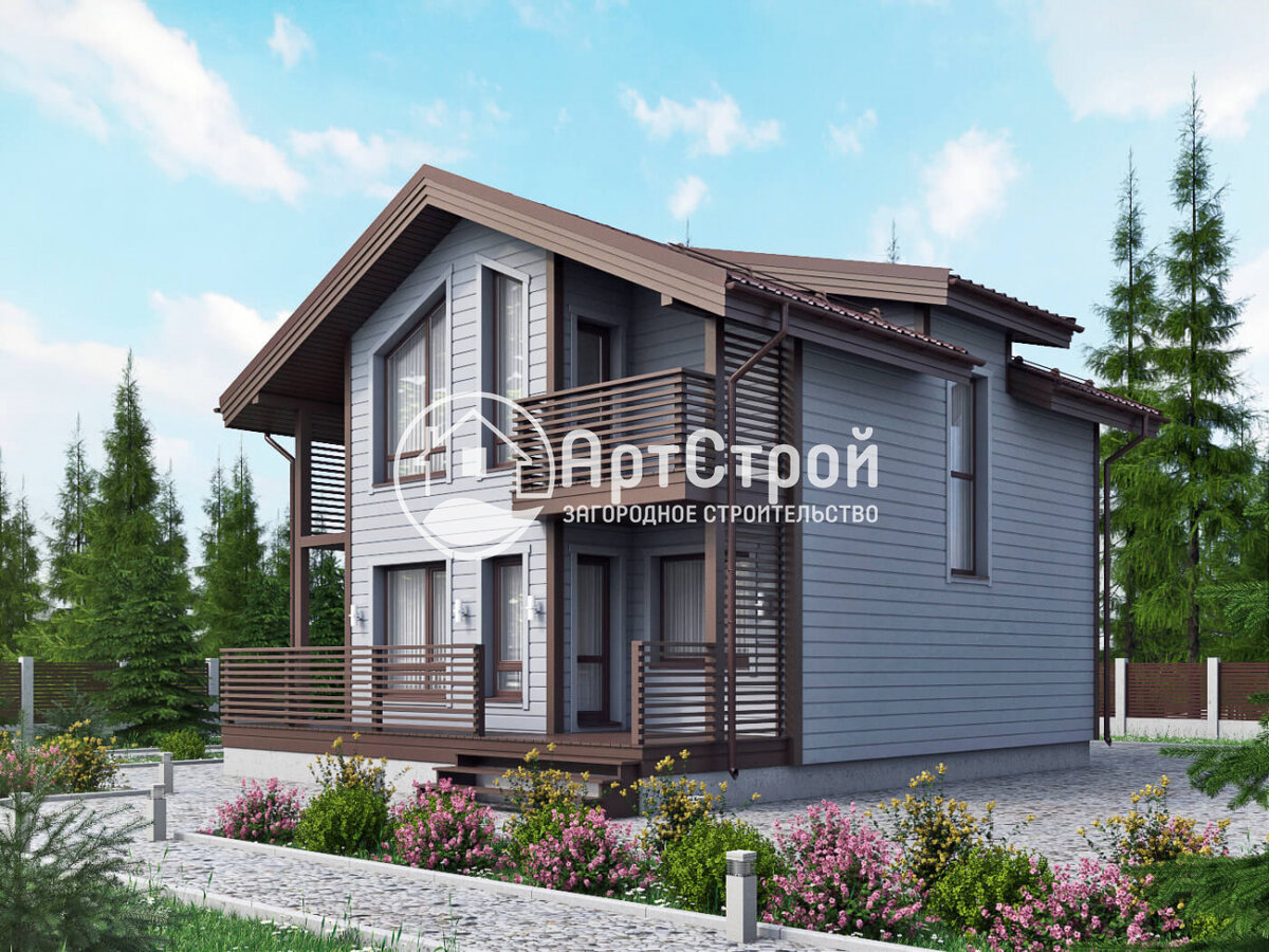 Внешний вид дома с фасадами и доборными элементами разных цветов