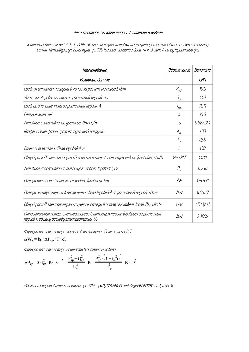 Расчет потерь электроэнергии в проводе, питающем торговый модуль в Санкт-Петербурге. Для электроустановки мощностью 10 кВт в проводе СИП 4х16 длиной 130 м величина потерь составила 2,3%.