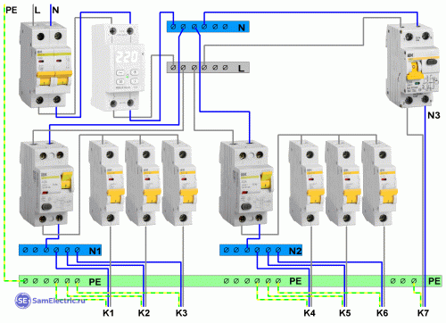 Электрическая схема щитка с УЗО и реле напряжения. К1, К2 и т.д. – кабели. 