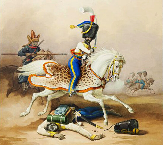 Французский гусар, преследуемый башкиром. Гампельн К.К. Около 1850 г.  Коллекция ГИМ