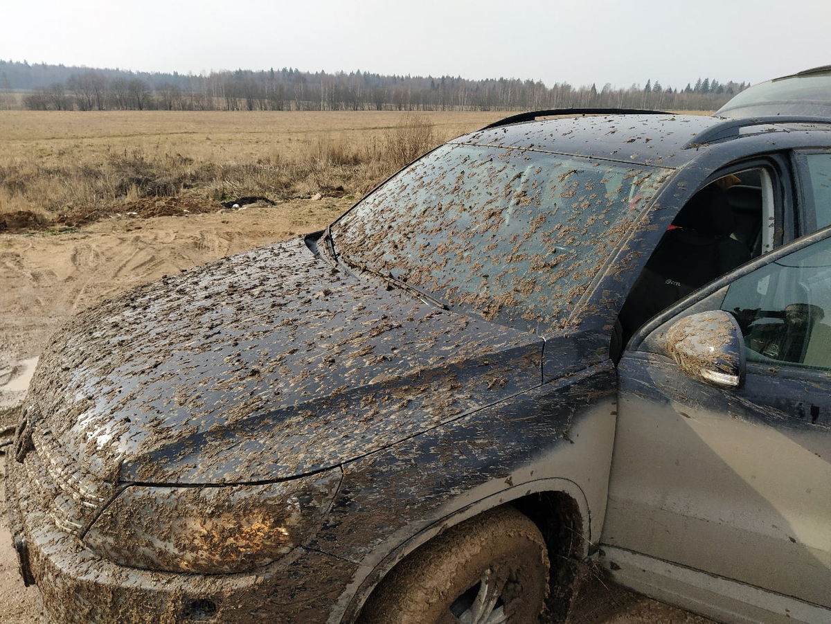 Тигуан в своей неестественной среде обитания. Если бы не пытался выехать сам, а ждал бы, пока вытащат - сэкономил бы на мойке автомобиля:)