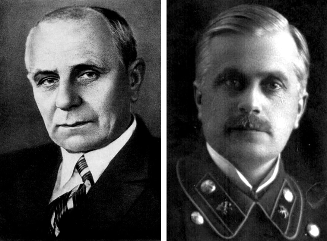 Архитекторы В.Н. Семёнов (слева) и К.Т. Бабыкин (справа). Первый создал проект здания театра, а второй воплотил его в жизнь. Фотографии из открытых источников