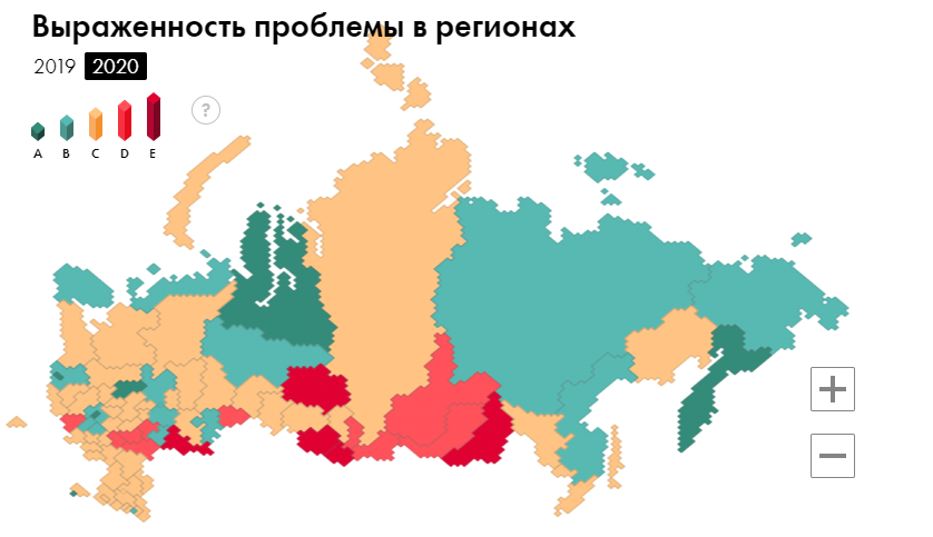 Выраженность проблемы благополучия пенсионеров в 2020 году: 
A — Низкая выраженность проблемы 
B — Проблема выражена ниже среднего
C — Средняя выраженность проблемы
D — Проблема выражена выше среднего
E — Высокая выраженность проблемы