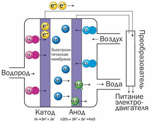 
Схема работы Топливного элемента на водороде