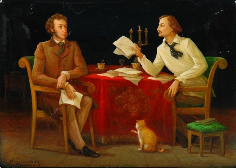 Пашинин Михаил Григорьевич (1921-1996) Визит Пушкина к Гоголю. Шкатулка. Федоскино. 1979