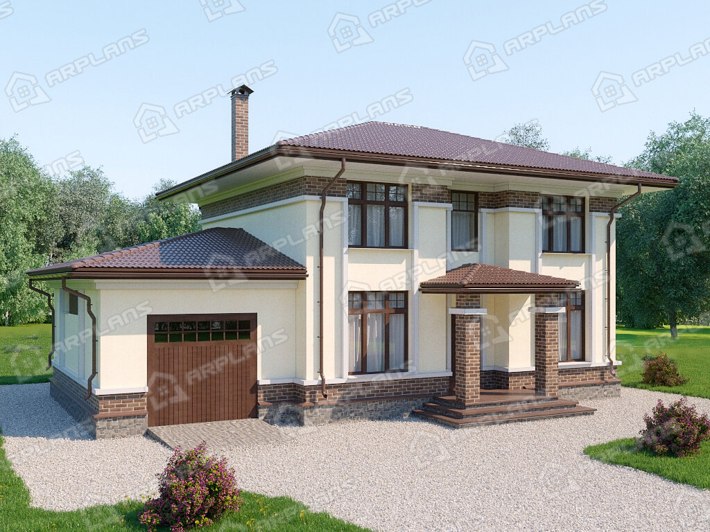 Фото 1 двухэтажного дома из газобетона с 3 спальнями и гаражом.140 кв м. Источник arplans.ru Проект К-152