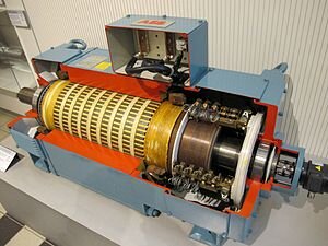 Двигатель постоянного тока в разрезе. Справа расположен коллектор с щётками