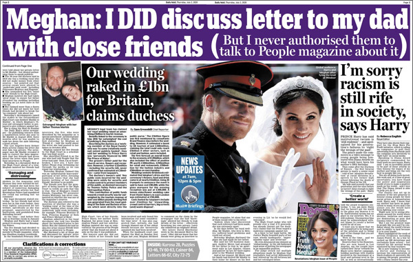 Разворот Daily Mail (стр. 2–3) от 2 июля 2020 г. с материалом Сэма Гринхилла