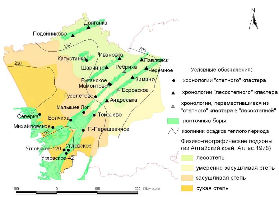 Зона сухих степей выделена желтым. Источник: http://dislib.ru/zemlya/11807-1-dendroindikacionnie-issledovaniya-lentochnih-borov-altayskogo-kraya.php