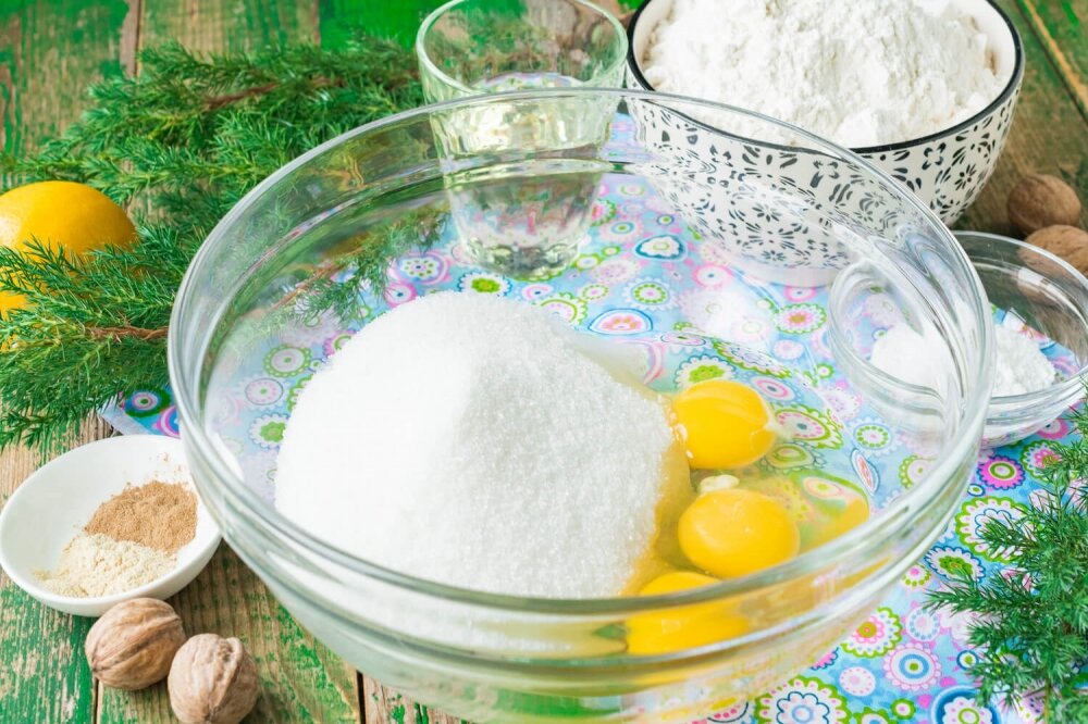 1. Let’s make cake layers. In deep ware let’s connect 3 chicken eggs and sugar.