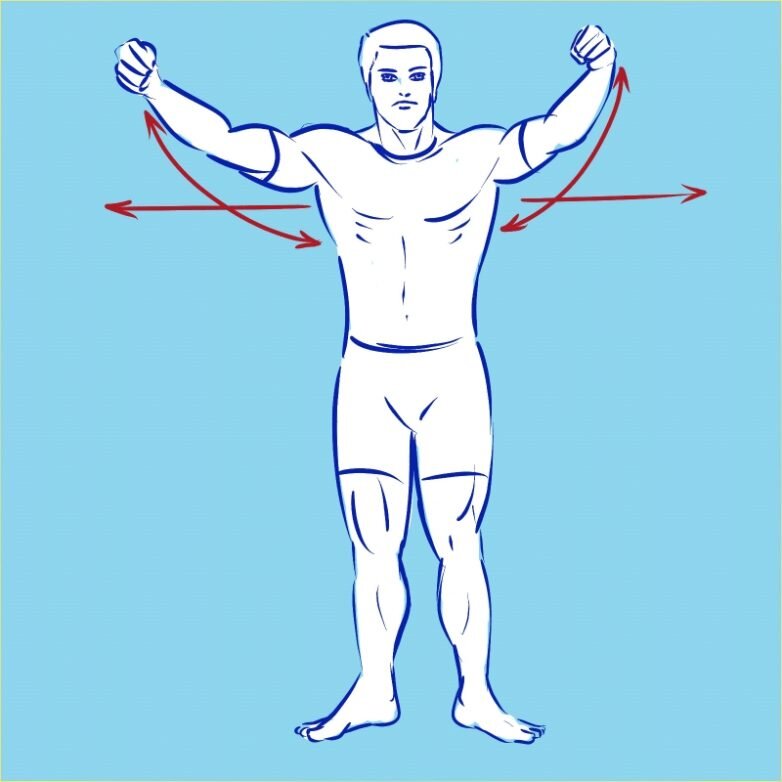 Поставь ноги на ширине плеч, вытяни руки вперед, сожми кисти в кулаки. Напряги мышцы и разводи руки в стороны, словно раздвигаешь тяжелые предметы. Затем своди руки вместе.