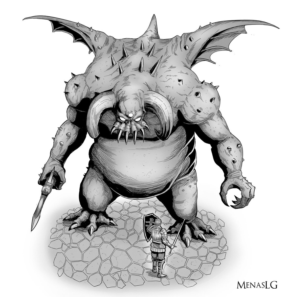 Это арт показывает реальный размер босса по отношению к игроку. Хотя этот босс был по сути обучающим и встречался в прологе игры. И был не сложнее рядового монстра.